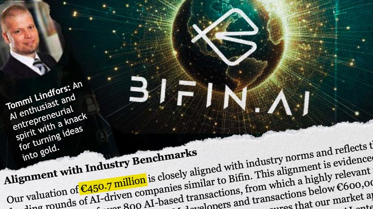 Kollaasikuva Bifin.ai:n markkinointimateriaaleista. Kollaasissa näkyvät mm. logo ja Tommi Lindforsin kasvokuva.