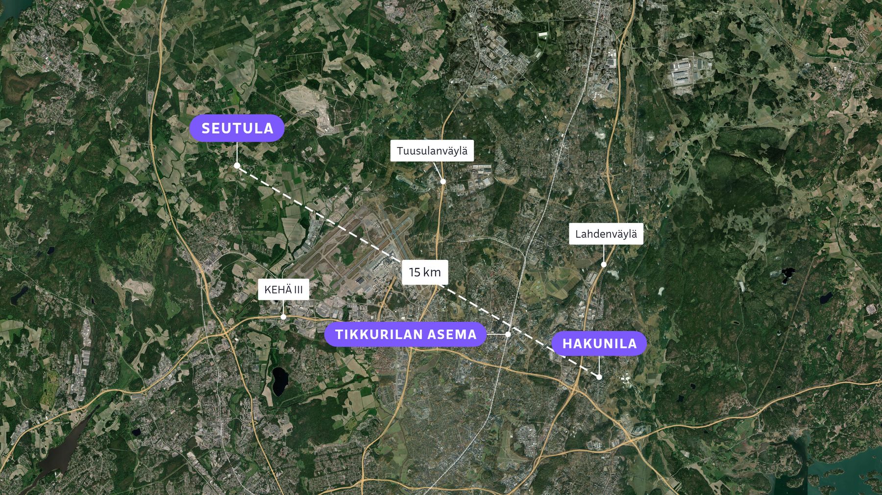 Hakunila ja Seutula merkittynä satelliittikuvaan.