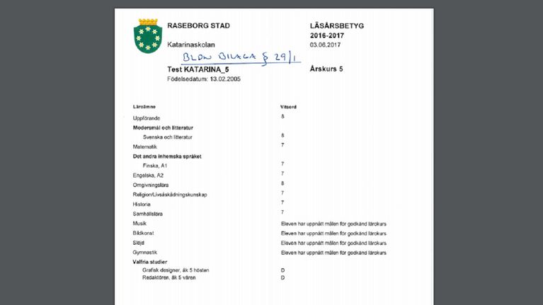 Ett skolbetyg.