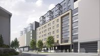 Havainnekuva Jyväskylän Kauppakulman tontille rakentuvasta kerrostalosta. 