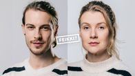 Vertailukuva, jossa toisella puolella on kuva miehestä ja toisella naisesta, sekä päällä teksti jossa lukee feikki-teksti.