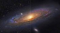 The left side shows the original photo of Andromeda, while the right side shows the galaxy with all foreground stars removed. Most of the star-like objects visible on the right are globular clusters surrounding the galaxy.  Some faint background galaxies are also visible.