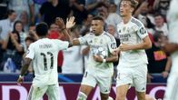 Real Madridin Kylian Mbappe juhlii maalintekoa Mestarien liigakierroksella 16.9.2025. 