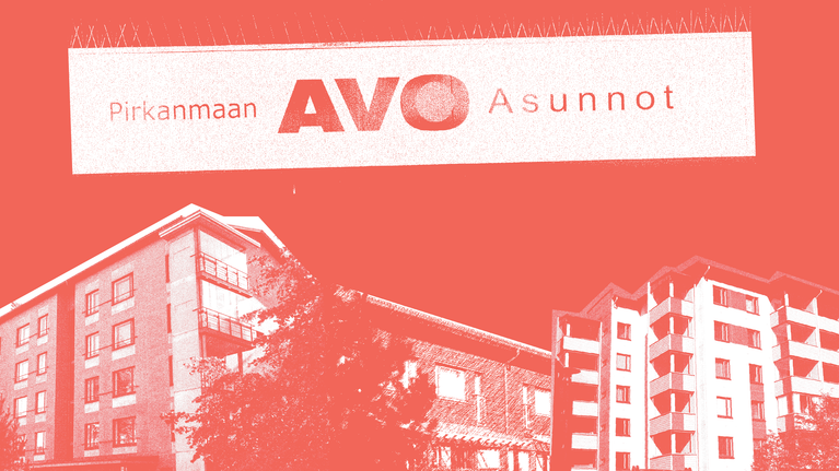 AVO-asuntojen logo ja kerrostaloja punavalkoisessa kuvassa.