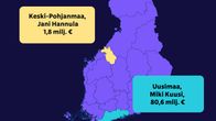Kuva havainnollistaa maakuntakohtaisia tulotasoeroja Suomessa. Lähteenä Verohallinto, grafiikka: Paulus Markkula / Yle. Kuvaa muokannut Ruuti Kotkanoja / Yle.