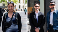 En collagebild med sex olika personer som poserar eller går utomhus i en stadsmiljö.