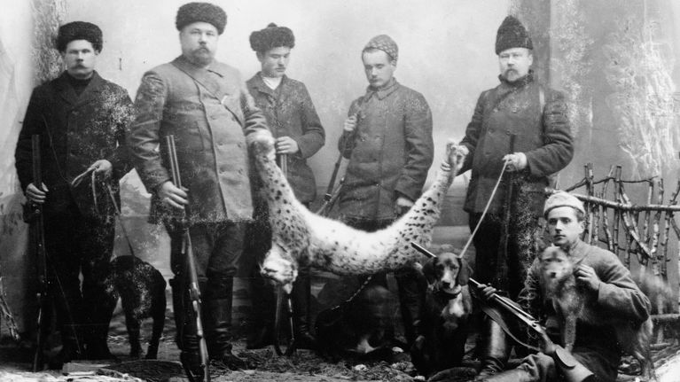 Vanhassa kuvassa metsästysporukka roikottaa ilvesaalista