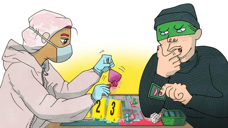 Tekninen rikostutkija ja roisto pelaavat cluedo-henkistä lautapeliä