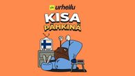 Piirretty pähkinähahmo istuu nojatuolissa katselemassa televisiota missä Suomen lippu. Ylhäällä teksti Kisapähkinä.