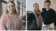 Collagebild av studerande inomhus klädda i varma tröjor.