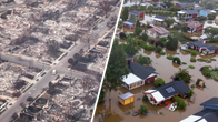 Ett kollage med en flygbild av ett område där alla hus har blivit jämnade med marken till följd av en skogsbrand till vänster och en flygbild av ett översvämmat svenskt villaområde till höger: enfamiljshus, trädgårdsskjul, träd och häckar sticker upp ur brunt vatten.
