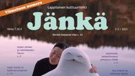Jänkä-lehden kansikuva, jonka kuvassa laiturilla tyynen veden äärellä istuu tummahiuksinen nainen vaalean muumimaisen hahmon takana.