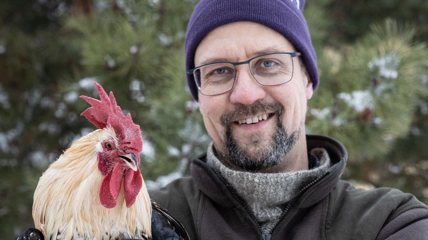 Henkilö pitää sylissään komeaa kukkoa talvisessa maisemassa. Hän on pukeutunut lämpimästi hansikkaisiin ja tummaan takkiin. Päässä on talvinen pipo.