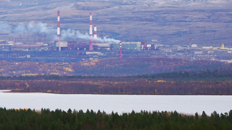 The mining town of Nikel in the Pechengsky (Petsamo) district on the Kola Peninsula, photographed from Norway in October 2023.