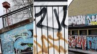 Kolmen kuvan kollaassi. Kuvissa graffiteja ja töhryjä tunnelin suulla, aidassa ja tennishallin seinässä.