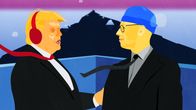 Kuvituskuva jossa Trump ja Aleksander Stubb matkustavat jäänmurtajalla.
