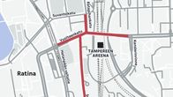 Kartta: UMK:n ajan rajoitukset liikenteessä Tampereella 28.2.2026.