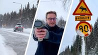 Kolmeen osaan jaettu kuva, jossa yhdessä on auto ajamassa lumisella tiellä, yhdessä toimittaja Valtteri Kujansuu osoittamassa tutkalla ja yhdessä hirvivaroitusmerkki.