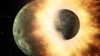 Taiteilijan näkemys Maan ja Theia-planeetan törmäyksestä.