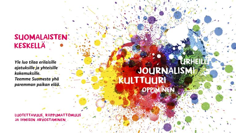 Yle2020: Suomalaisten keskellä. Yle luo tilaa erilaisille ajatuksille ja yhteisille kokemuksille. Temme Suomesta yhä paremman paikan elää.