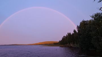 Järven yllä kaartuu sateenkaari, rannalla kasvaa puita ja näkyy laituri.