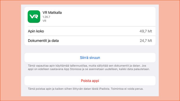 Kuvakaappaus Applen mobiililaitteesta: Kohdasta Asetukset ja Yleiset sovelluksia voi poistaa tai siirtää sivuun.