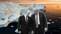 Kollaasi jossa jäävuoria ja Vladimir Putin ja Donald Trump.