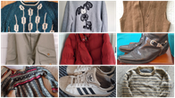 Bildcollage på kläder som Svenska Yles läsare har skickat in. Högst upp finns en ylletröja, en college, en väst. I mitten finns byxor, en vinterjacka och cowboy-boots och lägst ner en ylletröja, ett pas sneakers och ytterligare en ylletröja.
