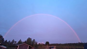 Laaja sateenkaari kaartuu sinertävän ja vaaleanpunertavan taivaan poikki, alhaalla näkyy talojen kattoja ja puita.