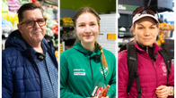 Ett collage med tre personer i en matbutik: en man med glasögom, en kvinna i grön munkjacka och en kvinna i sportkläder.