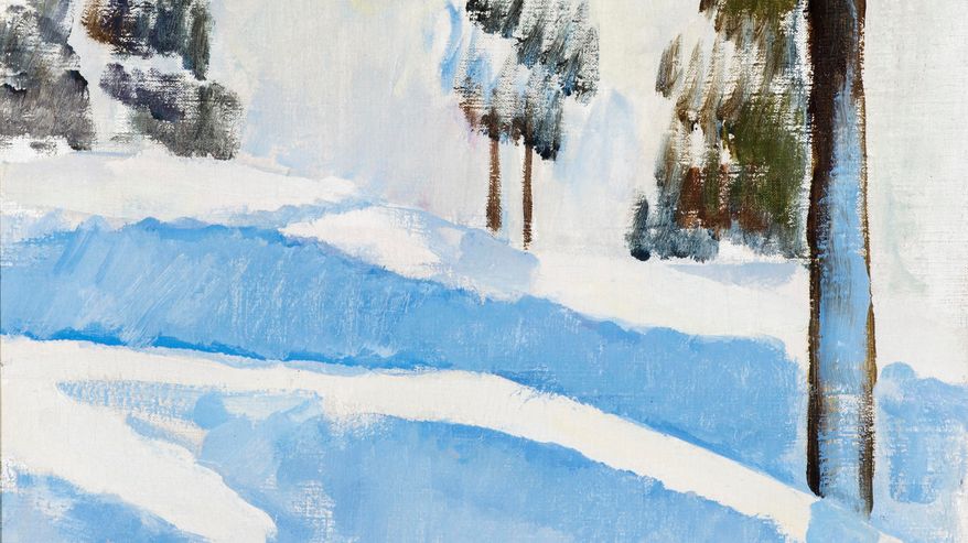 Öljyvärimaalauksessa on puita talvisessa metsässä.