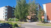 Kerrostaloja, joiden edustalla on puita ja tie.
