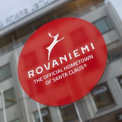 A window sticker reading: "Rovaniemi, the Official Hometown of Santa Claus."