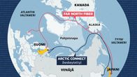 Grafiikka näyttää Venäjän pohjoisrannikolta kulkevan Arctic Connect- ja Kanadan ja Alaskan pohjoispuolelta kulkevan Far North Fiber -datakaapelin reitit.