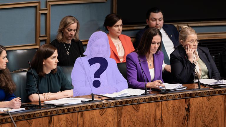 Ministeriaitio, jossa yksi ihminen on peitetty violetilla värillä ja päällä on kysymysmerkki.