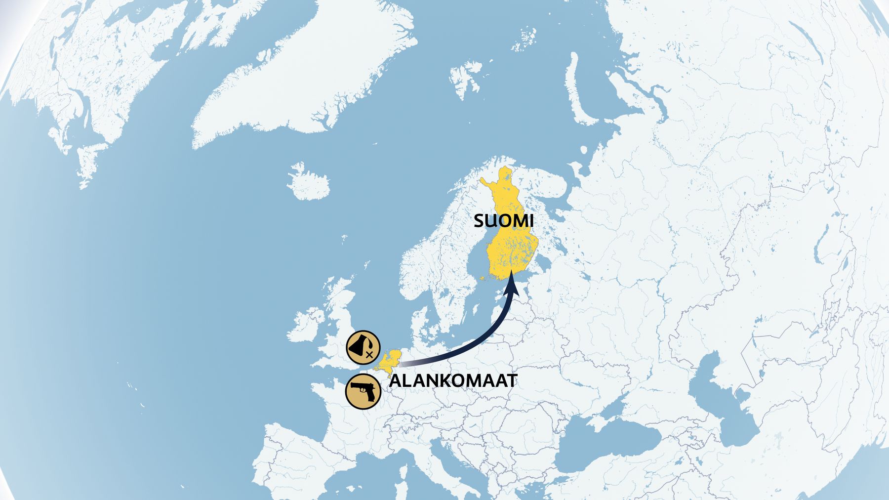 Kartalla näkyy amfetamiinin reitti Alankomaista Suomeen sekä symboleina, mitä haittaa huumekauppa aiheuttaa.