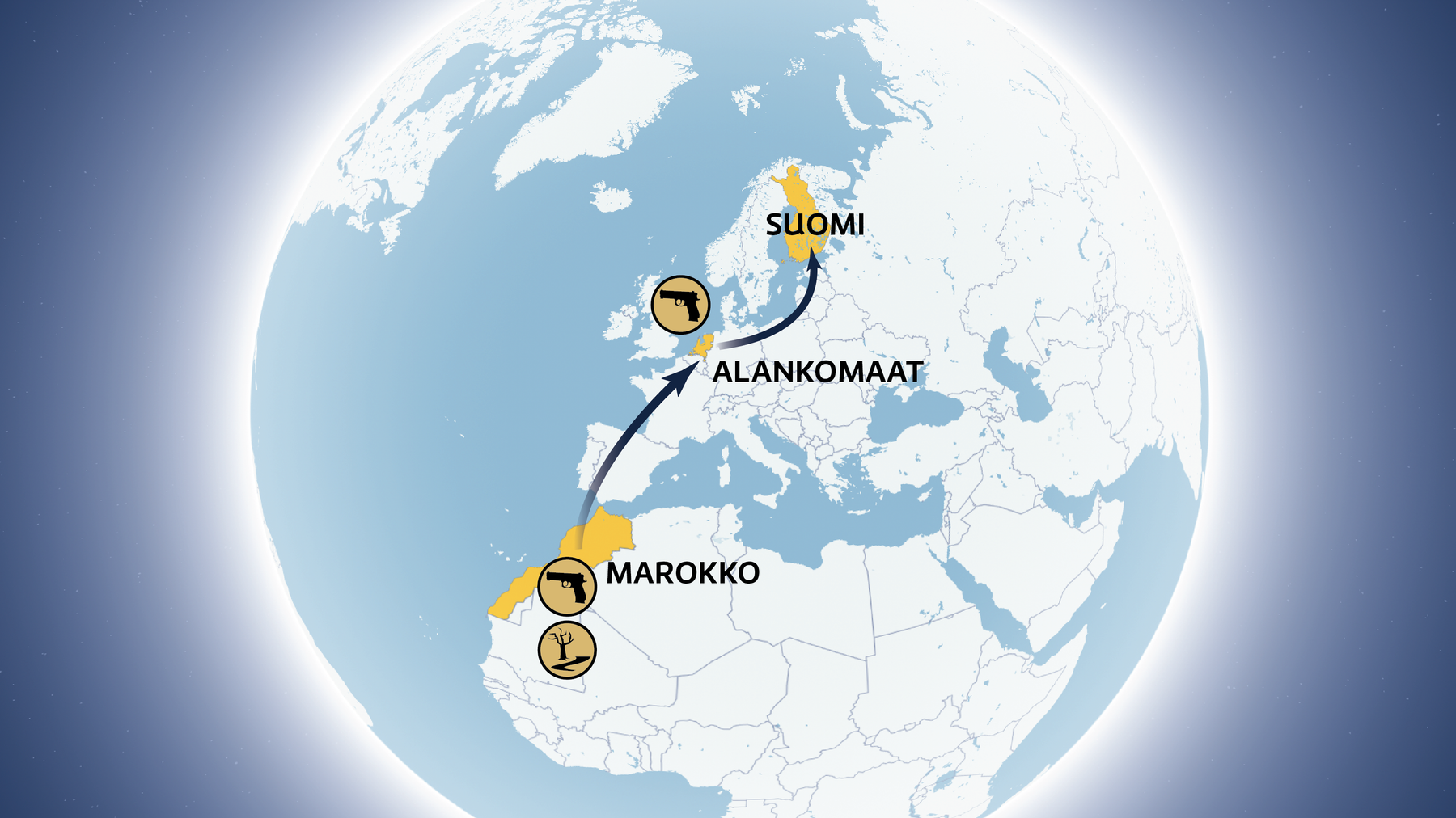 Kartassa näkyy hasiksen reitti Marokosta Alankomaiden kautta Suomeen sekä symboleja, jotka kuvastavat lieveilmiöitä huumerikollisuuteen liittyen.