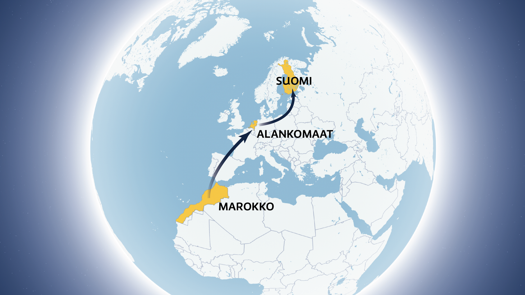 Kartassa näkyy hasiksen reitti Marokosta Alankomaiden kautta Suomeen.
