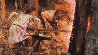 eli Gallen-Kallelan Kalevala-kuvitusta. "Sammon taonta", yksityiskohta. Öljyvärimaalaus (maalaus): Akseli Gallen-Kallela, 1893.
