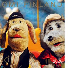 Yle 100 vuotta juhlapostimerkki. Kuvassa Ransu-koira kavereineen.