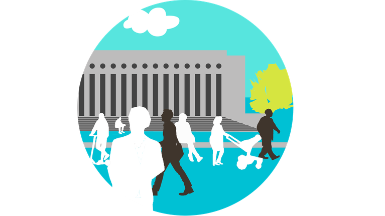 Piirroksessa on eduskuntalo, jonka edustalla liikkuu ihmishahmoja.