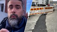 Kuvakollaasi, jossa toimittaja mikrofonin kanssa ja tietyömaa.