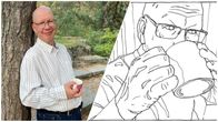 Sarjakuvataiteilija Heikki Kemppainen ja hänen piirtämänsä omakuva.