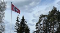 Photo shows a swastika flag on a flagpole in a private garden.
