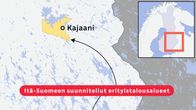 Kartta Itä-Suomeen suunnitelluista erityistalousalueista. Kartassa merkittynä Kajaani, Parikkala, Rautjärvi, Ruokolahti ja Imatra.