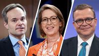 Kolmen henkilön puolilähikuvat rinnakkain. Kai Mykkänen, Sari Essayah ja Petteri Orpo.
