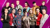 Tässä kuvassa on kaikki UMK23-artistit, takarivissä KUUMAA, Keira, Käärijä, Robin Packalen, eturivissä Benjamin, Portion Boys ja Lxandra.