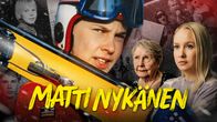 Matti Nykänen sukset olallaan ja dokumentissa haastateltavia läheisiä. 