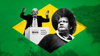 Kollaasi jossa Brasilian presidentti Luiz Inácio Lula da Silva, alkuperäiskansan mielenosoittaja ja palavaa sademetsää. 