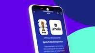Grafiks bild av en mobil i närbild. På skärmen syns spelet Fotbollsexpertens ingångssida.
